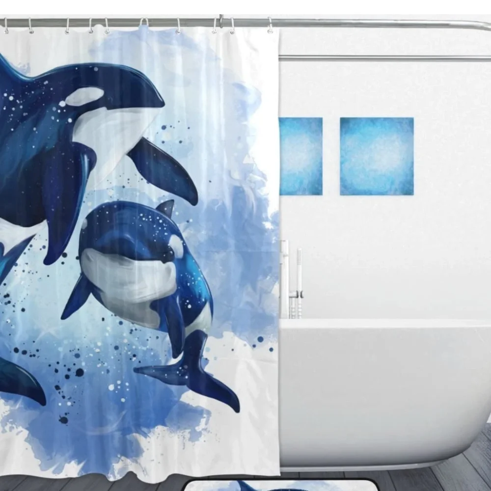 Qilmy Painting Two Killer Whales Shower Curtain Set with 12 Hooks,66 x 72 Inch